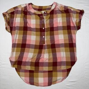 LOFT Women Plaid Rolled Sleeve Collarless Button Front Shirt XS